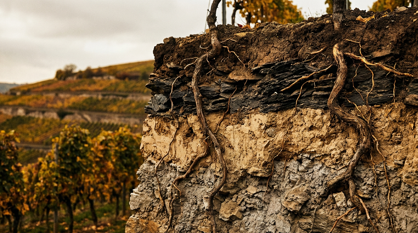 Querschnitt durch verschiedene Bodentypen eines Weinbergs, Schiefer, Löss und Kalkstein nebeneinander mit Rebwurzeln