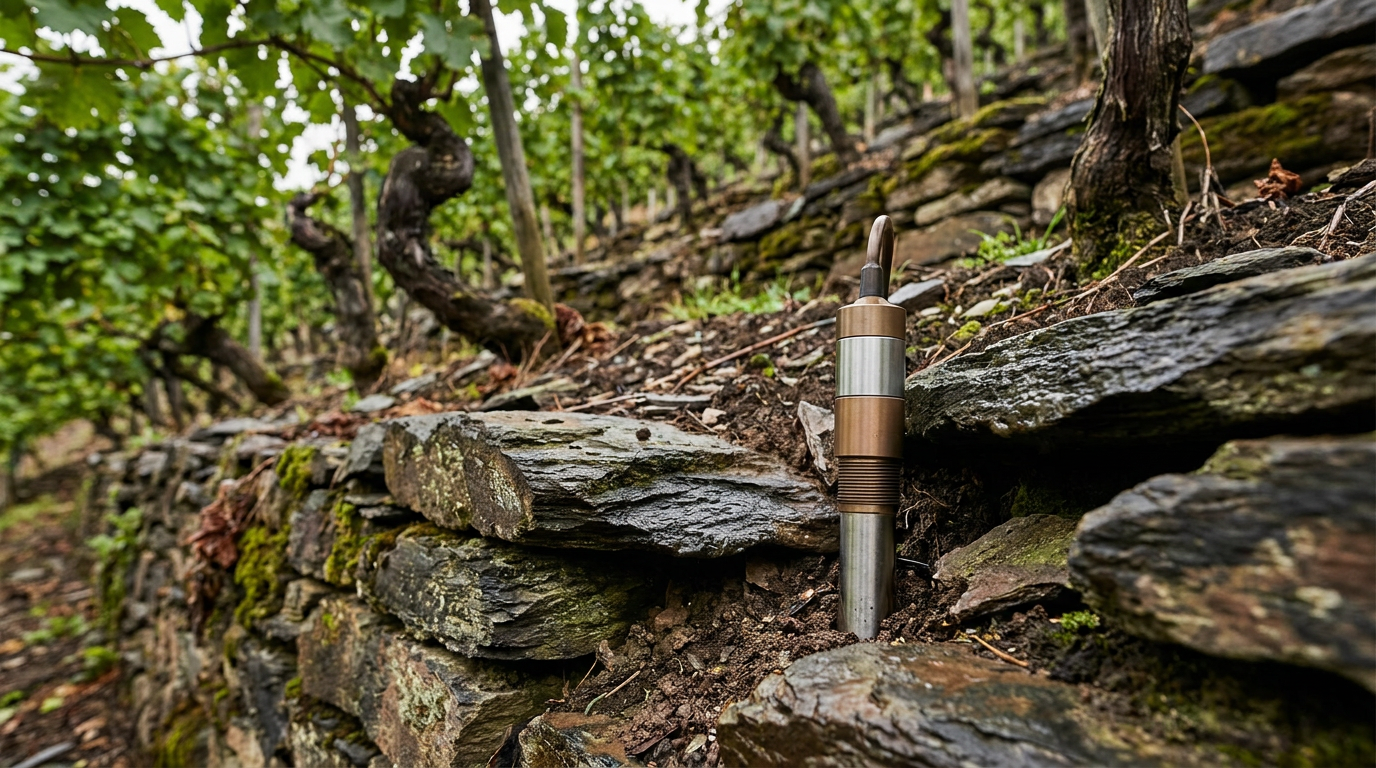 Nahaufnahme eines Bodenfeuchtesensors zwischen Schiefersteinen in einer Mosel-Steillage mit Riesling-Reben im Hintergrund