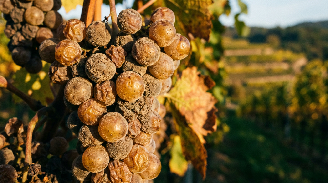 Nahaufnahme von edelfaulen Grauburgunder-Trauben am Kaiserstuhl mit sichtbarem Botrytis-Belag und goldbrauner Beerenhaut