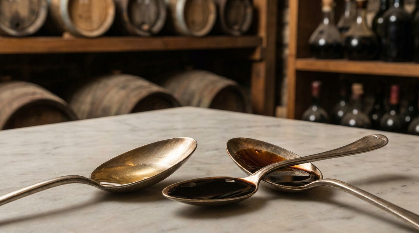 Nahaufnahme zweier Löffel, einer mit hellem Condimento Bianco und einer mit dunklem Aceto Balsamico Tradizionale, vor einem hellen Marmor-Hintergrund, die den Farbkontrast deutlich zeigen