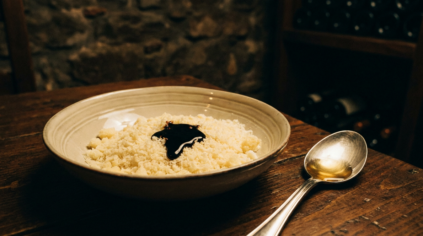 Flache Schale mit geriebenem Parmigiano Reggiano, auf dem ein einzelner Tropfen dunkler Aceto Balsamico Tradizionale langsam zerfließt, daneben ein Löffel mit hellem Condimento Bianco