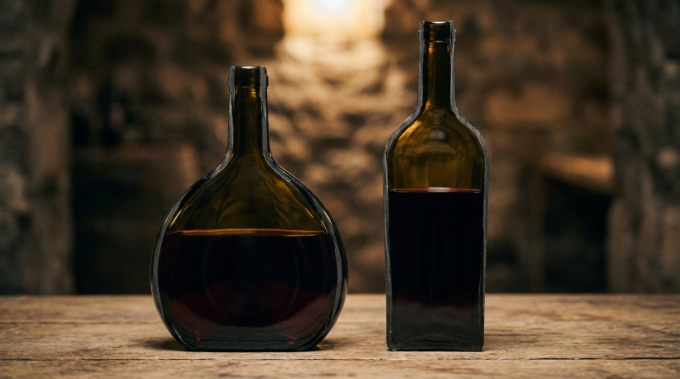 Querschnitt-Vergleich eines Bocksbeutels und einer Bordeaux-Flasche, schematische Darstellung der Kontaktfläche Wein-Glas