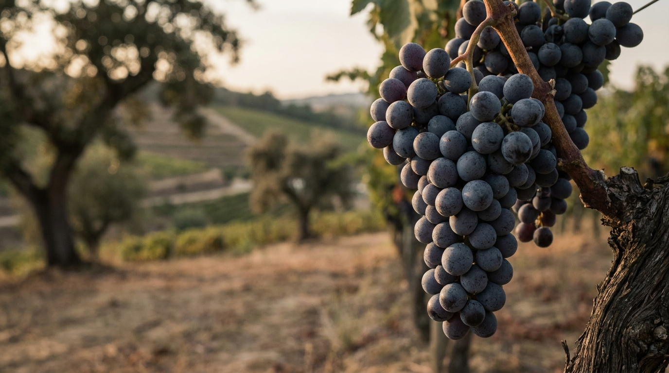 Nahaufnahme einer Baga-Traube an der Rebe, dunkle Beeren mit leichtem Reifbelag, im Hintergrund die sanften Hügel der Bairrada-Region bei Nachmittagslicht