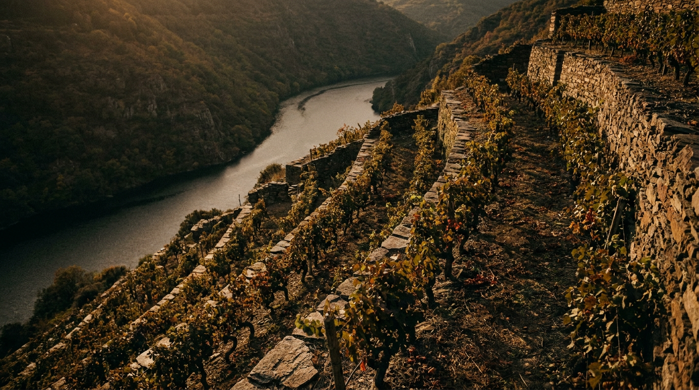Steile Schieferterrassen an den Ufern des Flusses Sil in der Ribeira Sacra, mit niedrigen Mencía-Rebstöcken auf schmalen Terrassen, dramatisches Abendlicht