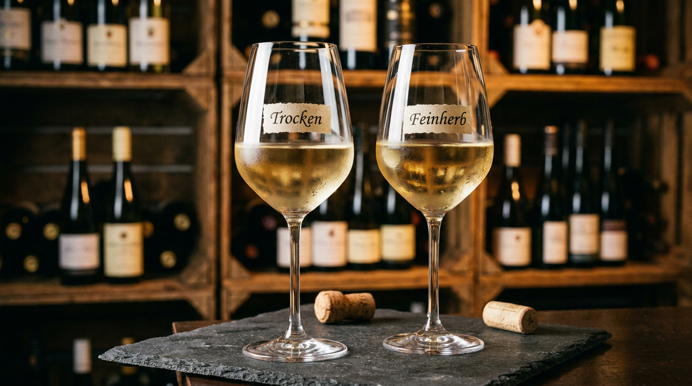 Nahaufnahme zweier Weingläser mit hellem Riesling, eines mit dem Etikett „trocken", eines mit „feinherb", auf einer Schieferplatte