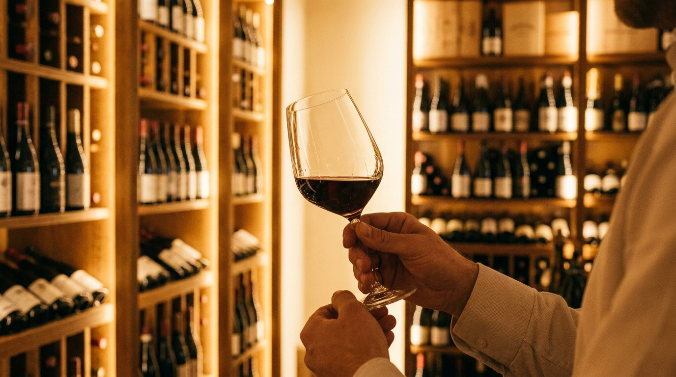 Person hält ein Weinglas schräg gegen das Licht, im Hintergrund eine helle Vinothek mit Holzregalen