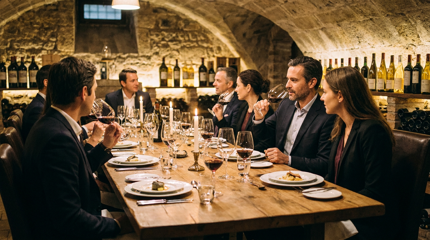 Elegantes Dinner mit Wein-Pairing in einem Gewölbekeller, bei dem Geschäftsleute an einem langen Tisch sitzen und Weine zu verschiedenen Gängen verkosten