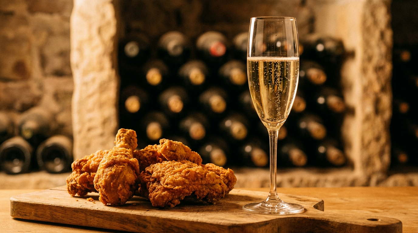 Nahaufnahme eines Glases Winzersekt neben knusprig frittiertem Hühnchen auf einem Holzbrett, Hintergrund unscharf mit Weinregal