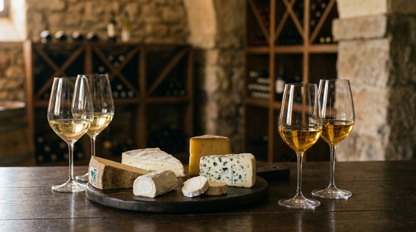 Käseplatte mit verschiedenen europäischen Käsesorten neben Gläsern mit Weißwein und Süßwein, rustikaler Holztisch