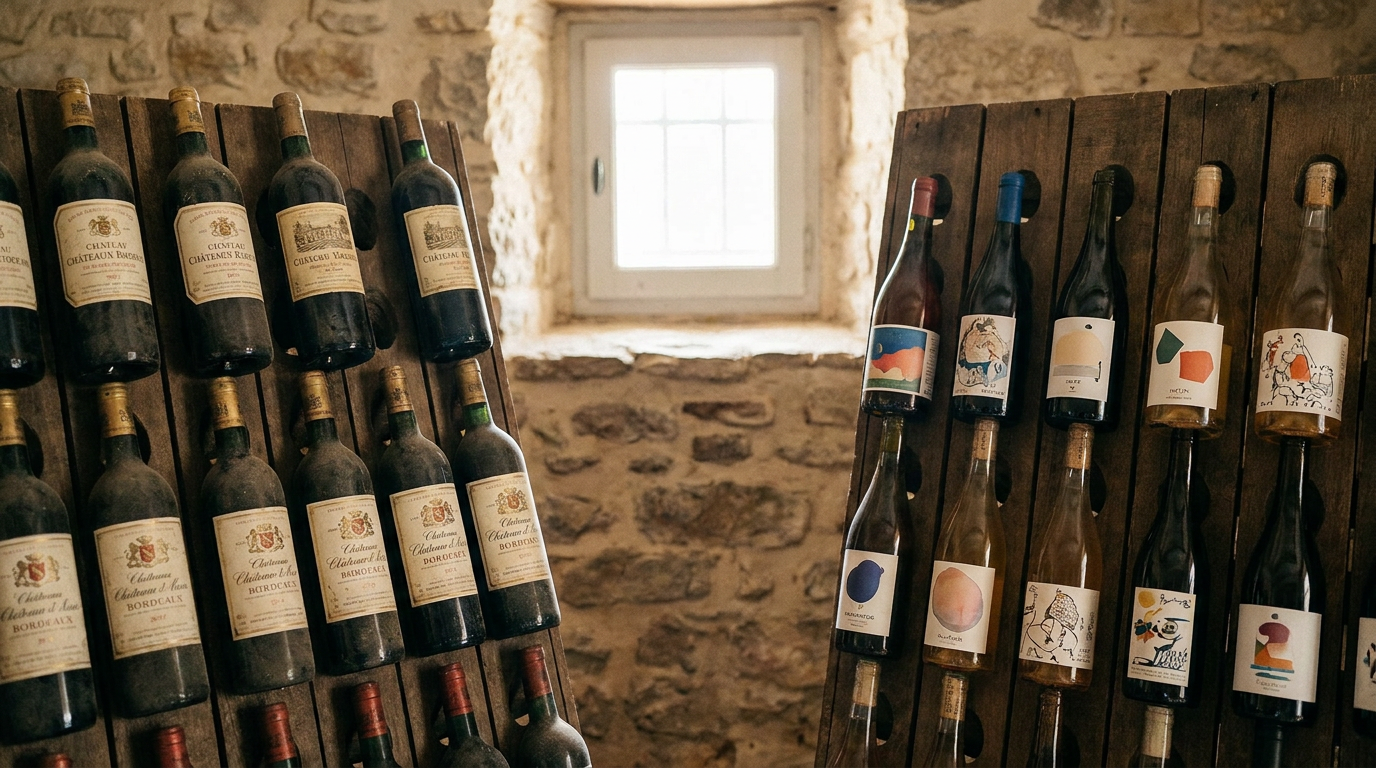 Vergleich zweier Weinregale, links klassische Bordeaux-Flaschen mit traditionellen Etiketten, rechts bunte Naturwein-Flaschen mit modernem Design, natürliches Licht