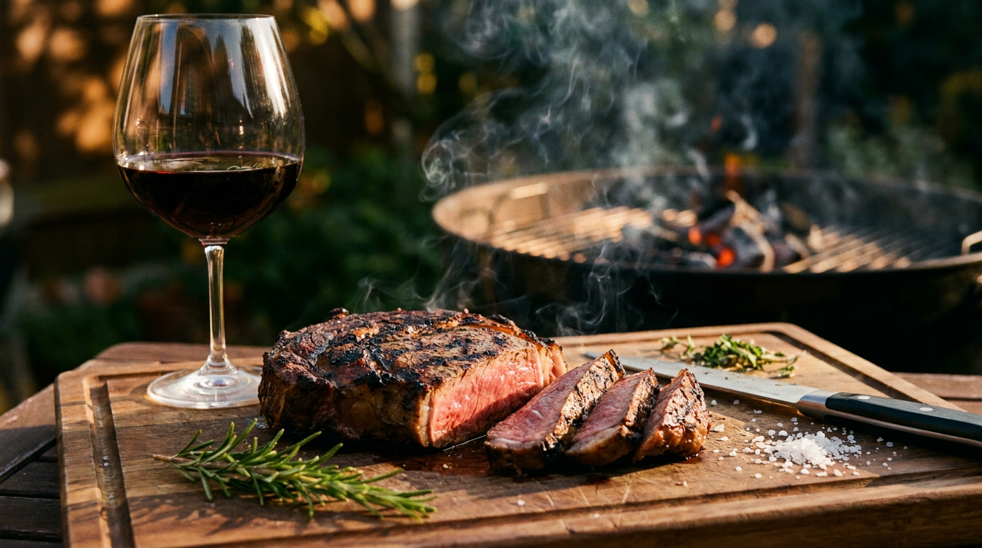 Detailaufnahme eines medium-rare gegrillten Steaks auf einem Holzbrett neben einem Glas dunklem Rotwein, Rauchschwaden im Hintergrund