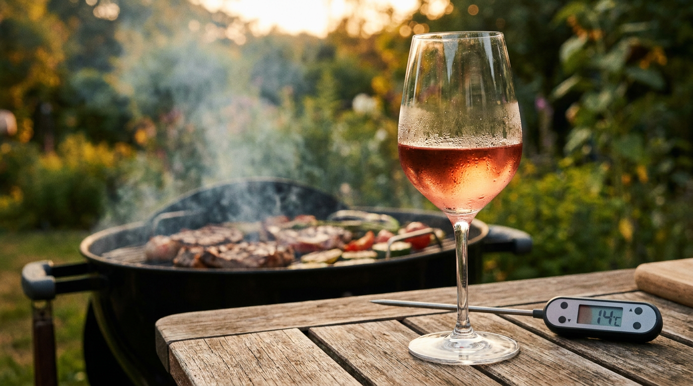 Nahaufnahme eines beschlagenen Weinglases mit hellem Rotwein neben einem Grill, Thermometer zeigt 14 Grad, sommerliche Gartenszene