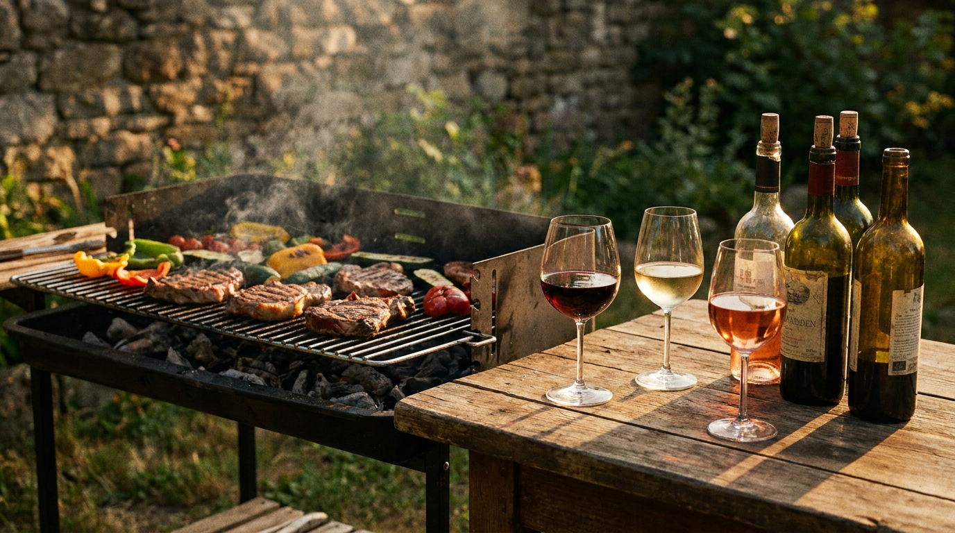 Sommerlicher Grillabend im Garten mit verschiedenen Weingläsern (Rot, Weiß, Rosé) neben einem Holzkohlegrill, auf dem Steaks und Gemüse liegen, warmes Abendlicht