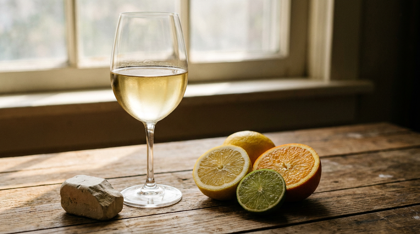 Nahaufnahme eines Weinglases mit hellem Weißwein vor natürlichem Licht, daneben aufgeschnittene Zitrusfrüchte und ein Stück Kreide auf einem Holztisch