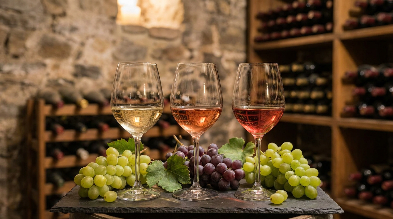 Drei verschiedene Weingläser nebeneinander, gefüllt mit hellem Weißwein, Rosé und einem hellen Rotwein, auf einer Schieferplatte mit frischen Trauben