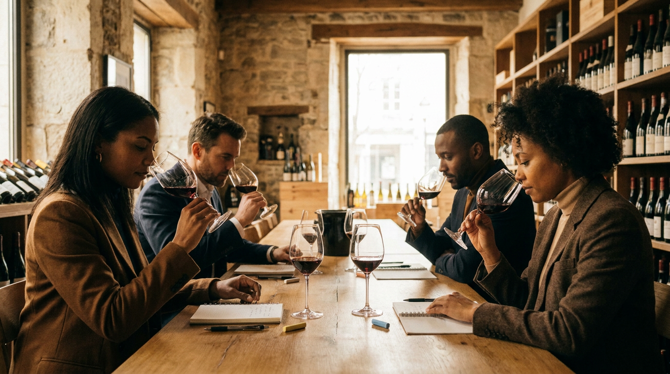 Gruppe von Menschen bei einer Weinverkostung in einer hellen Vinothek, konzentriert auf ihre Gläser, mit Notizblöcken auf dem Tisch