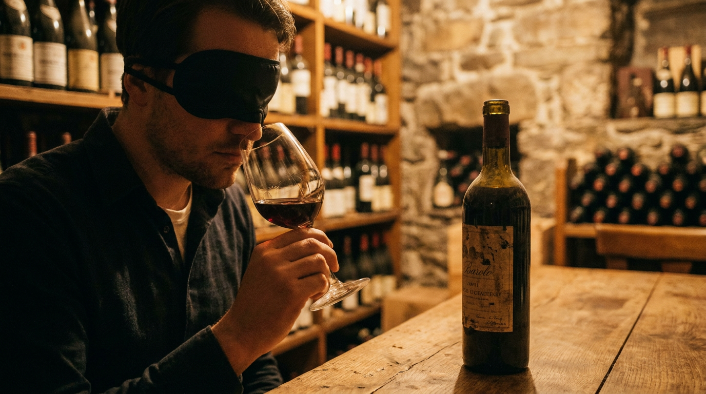 Nahaufnahme einer Weinverkostung mit verbundenen Augen, daneben ein offenes Weinglas mit sichtbarem Etikett, warmes Licht in einer Vinothek