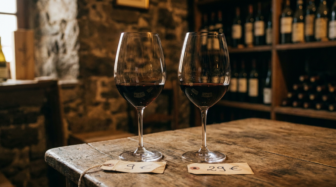 Zwei identische Weingläser mit Rotwein nebeneinander auf einem Holztisch, eines mit einem Preisschild „9 €", das andere mit „29 €", weiches Seitenlicht