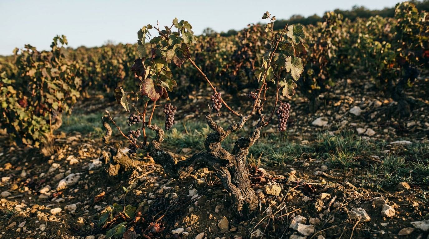 Weinberg mit niedrigen Erträgen, einzelne Trauben an einem alten Rebstock, Morgenlicht über kalkhaltigem Boden