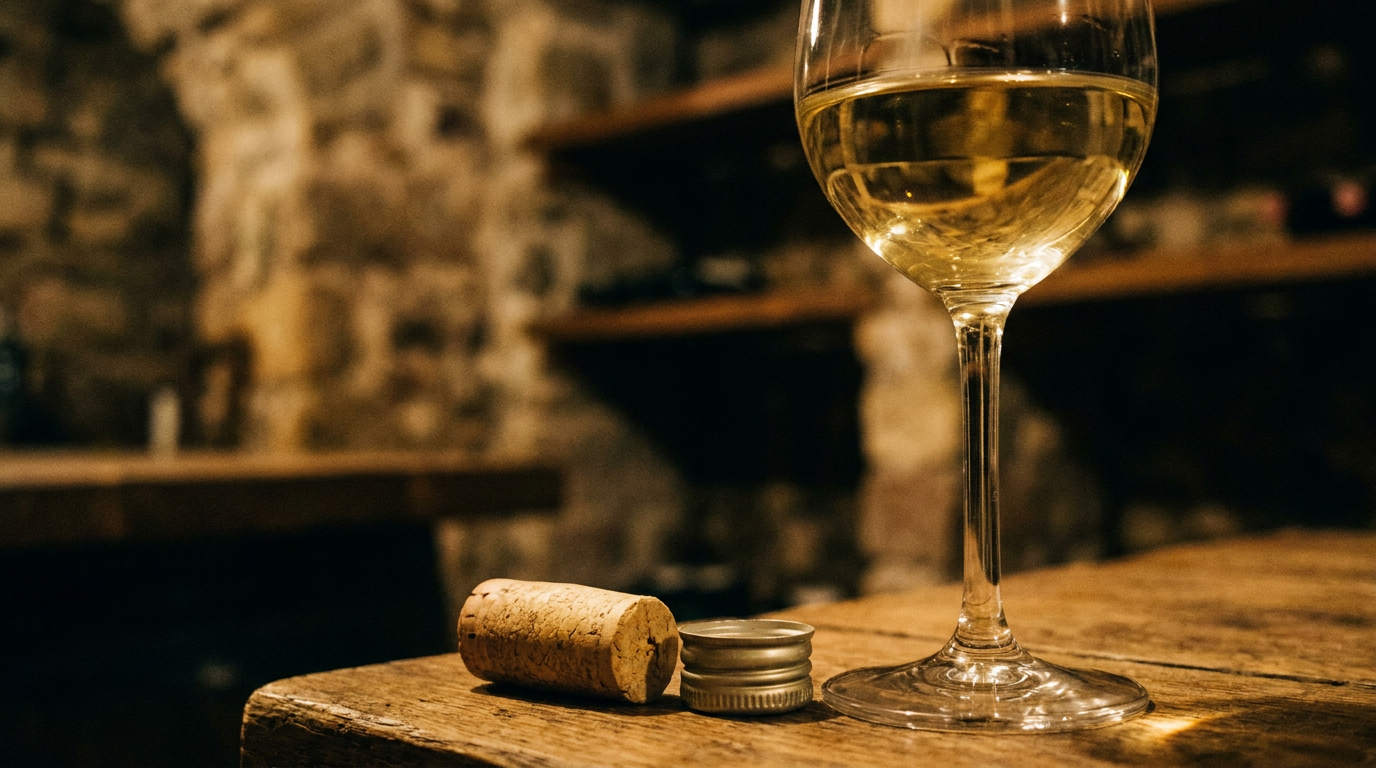 Nahaufnahme eines Naturkorkens und eines Schraubverschlusses nebeneinander, daneben ein Weinglas mit hellem Weißwein