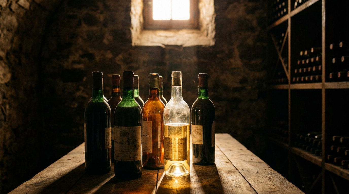 Verschiedene Weinflaschen in Dunkelgrün, Braun und Klarglas nebeneinander auf einem Holztisch, mit Sonnenlicht, das durch die klare Flasche fällt