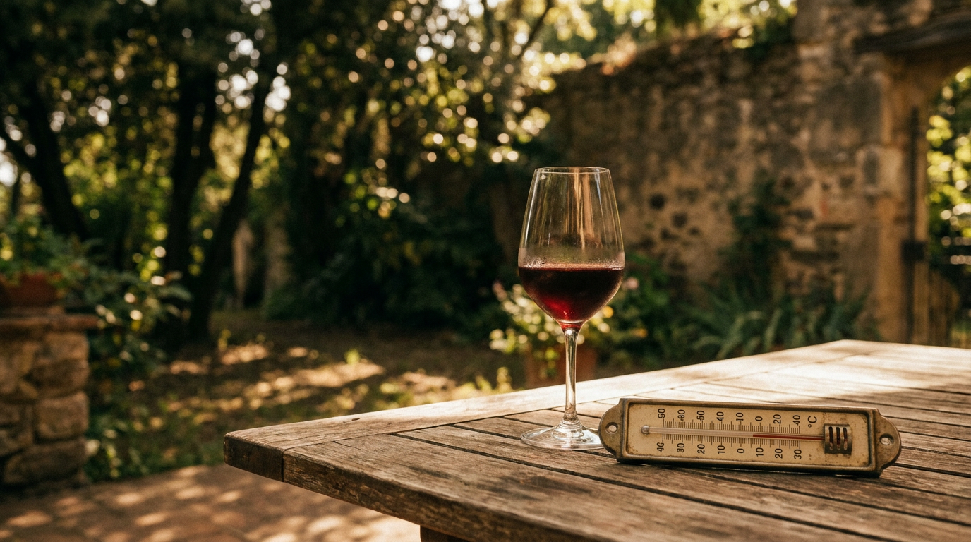 Weinglas mit Rotwein auf einer sonnigen Terrasse, daneben ein Thermometer, das 28 Grad anzeigt, im Hintergrund ein schattiger Garten