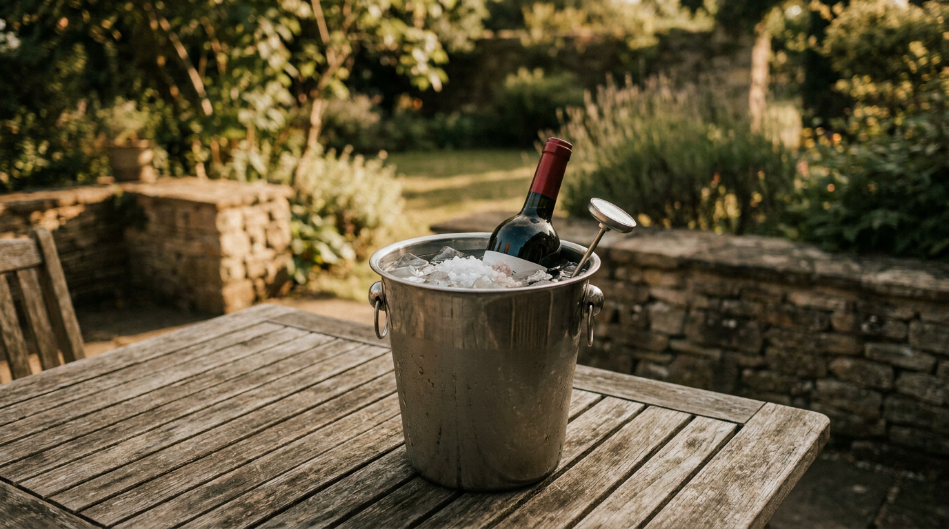 Eiskübel mit Weinflasche, Wasser und Salz auf einem Holztisch im Garten, daneben ein Einstechthermometer