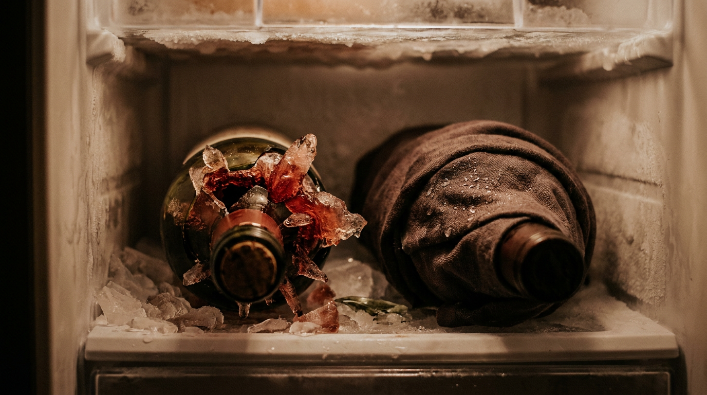 Eine geplatzte Weinflasche im Gefrierfach mit ausgetretenem, gefrorenem Wein als Warnung, daneben eine intakte Flasche eingewickelt in ein nasses Tuch