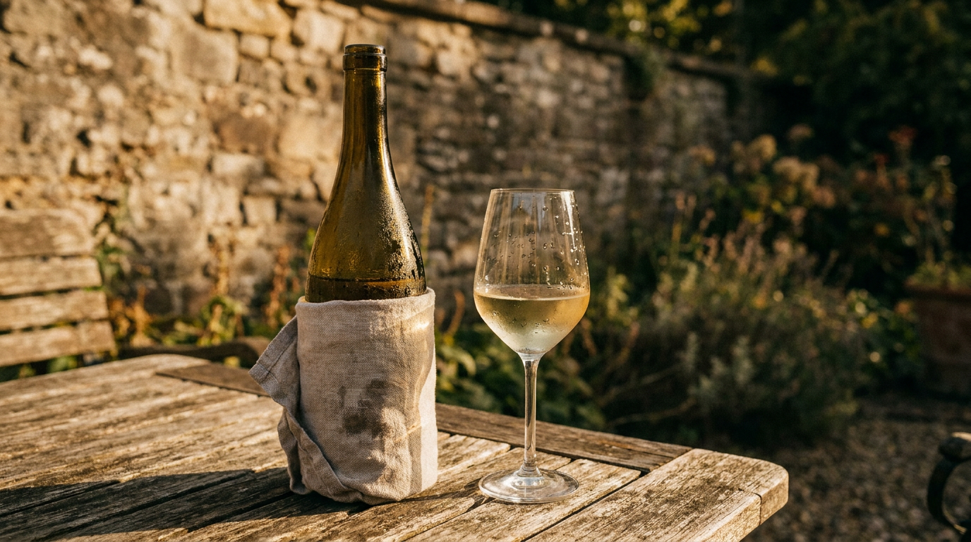 Eine beschlagene Weinflasche, eingewickelt in ein nasses Leinentuch, steht auf einem sonnigen Holztisch im Garten, daneben ein Glas Weißwein mit Kondenströpfchen