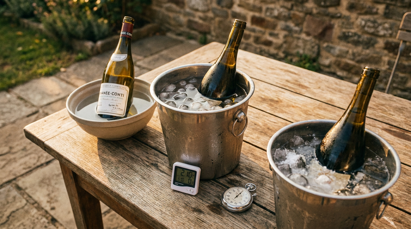 Drei Weinflaschen stehen nebeneinander in unterschiedlichen Behältern (Schüssel mit Wasser, Eimer mit Eiswasser, Eimer mit Salzwasser und Eis), daneben ein digitales Thermometer und eine Stoppuhr
