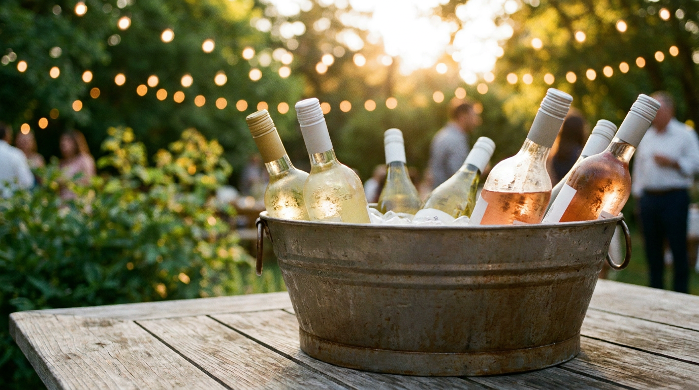 Sommerliche Gartenparty-Szene mit gekühlten Weinflaschen in einem Eiskübel auf einem Holztisch, Lichterketten im Hintergrund, warmes Abendlicht