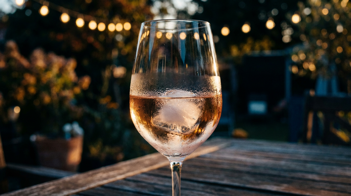 Nahaufnahme eines Weinglases mit einem großen Eiswürfel und hellem Roséwein, Kondenswasser am Glas, unscharfer Gartenhintergrund