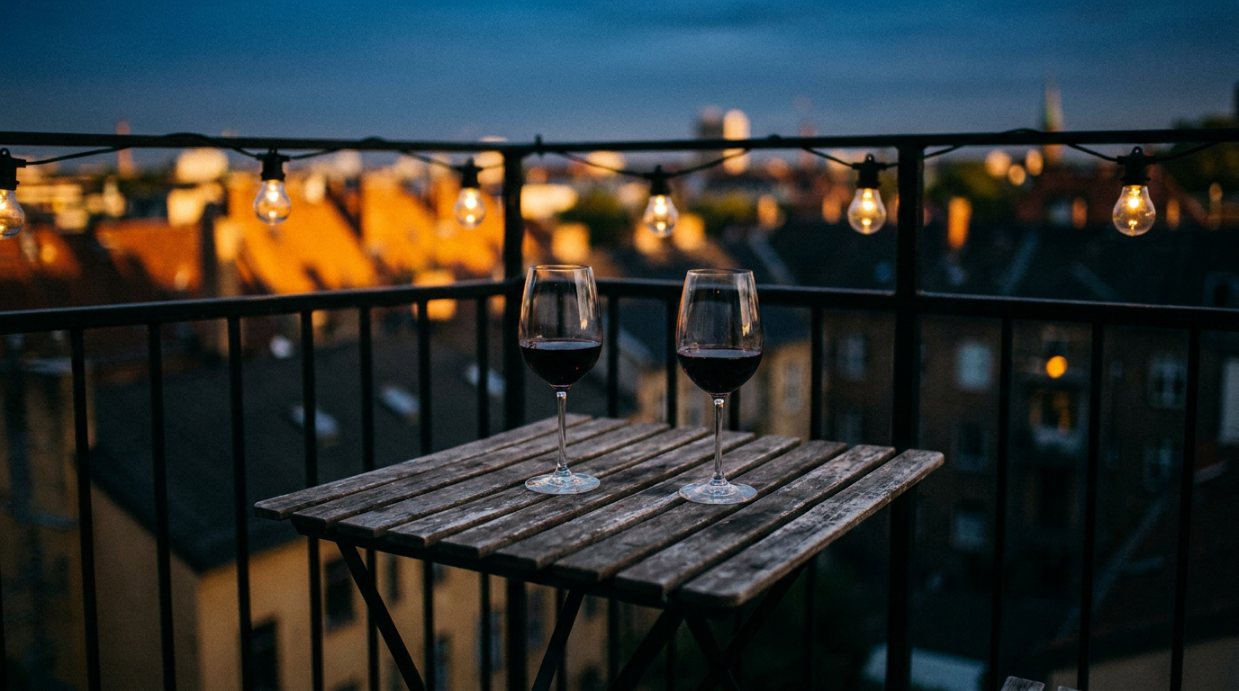 Balkonszene bei Abenddämmerung, zwei Gläser Rotwein auf einem kleinen Tisch, Blick über Dächer, warmes Licht