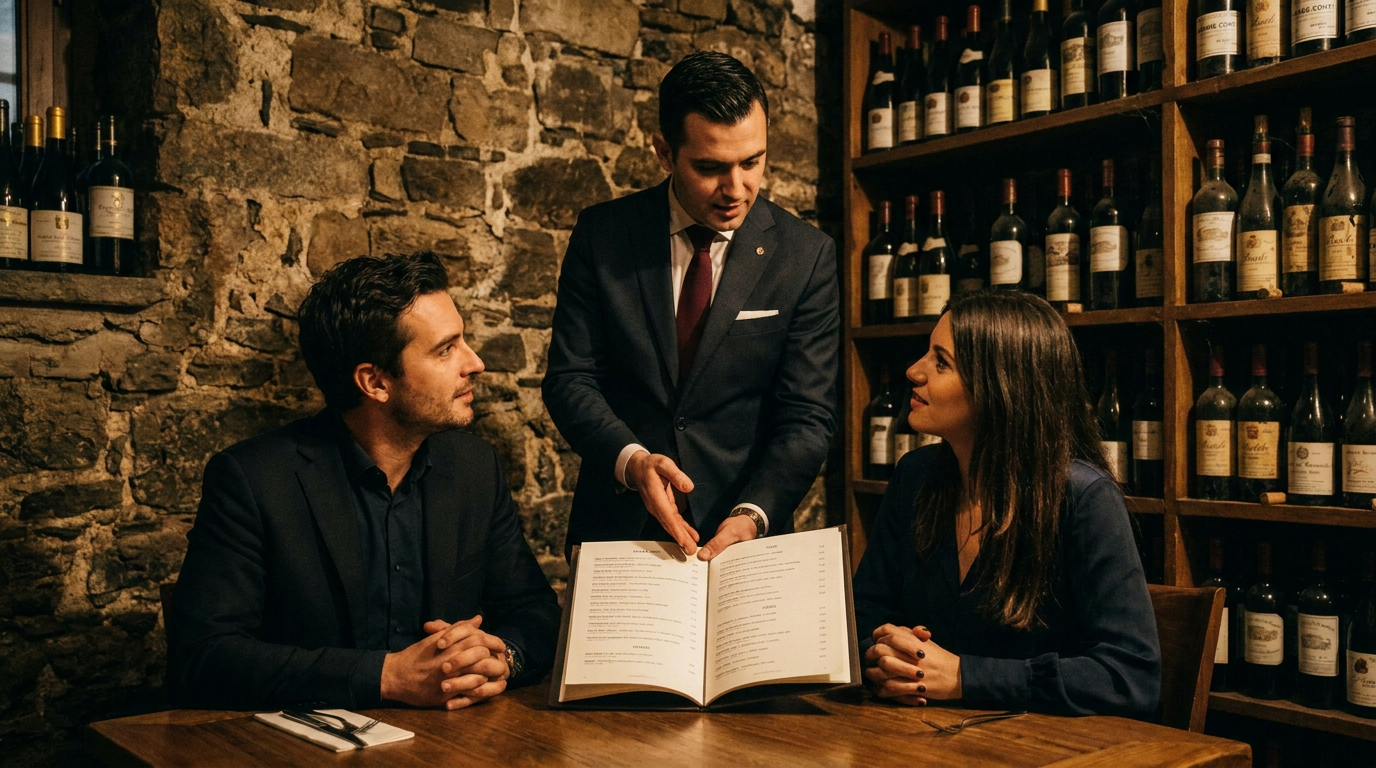 Sommelier im Gespräch mit Gästen an einem Restauranttisch, Weinkarte aufgeschlagen zwischen ihnen