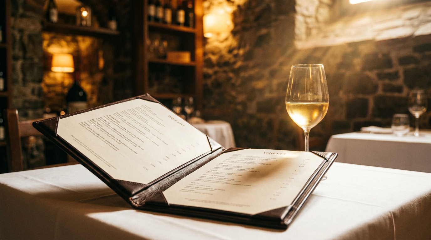 Aufgeschlagene Weinkarte auf einem weiß gedeckten Restauranttisch, daneben ein Glas Weißwein im Gegenlicht