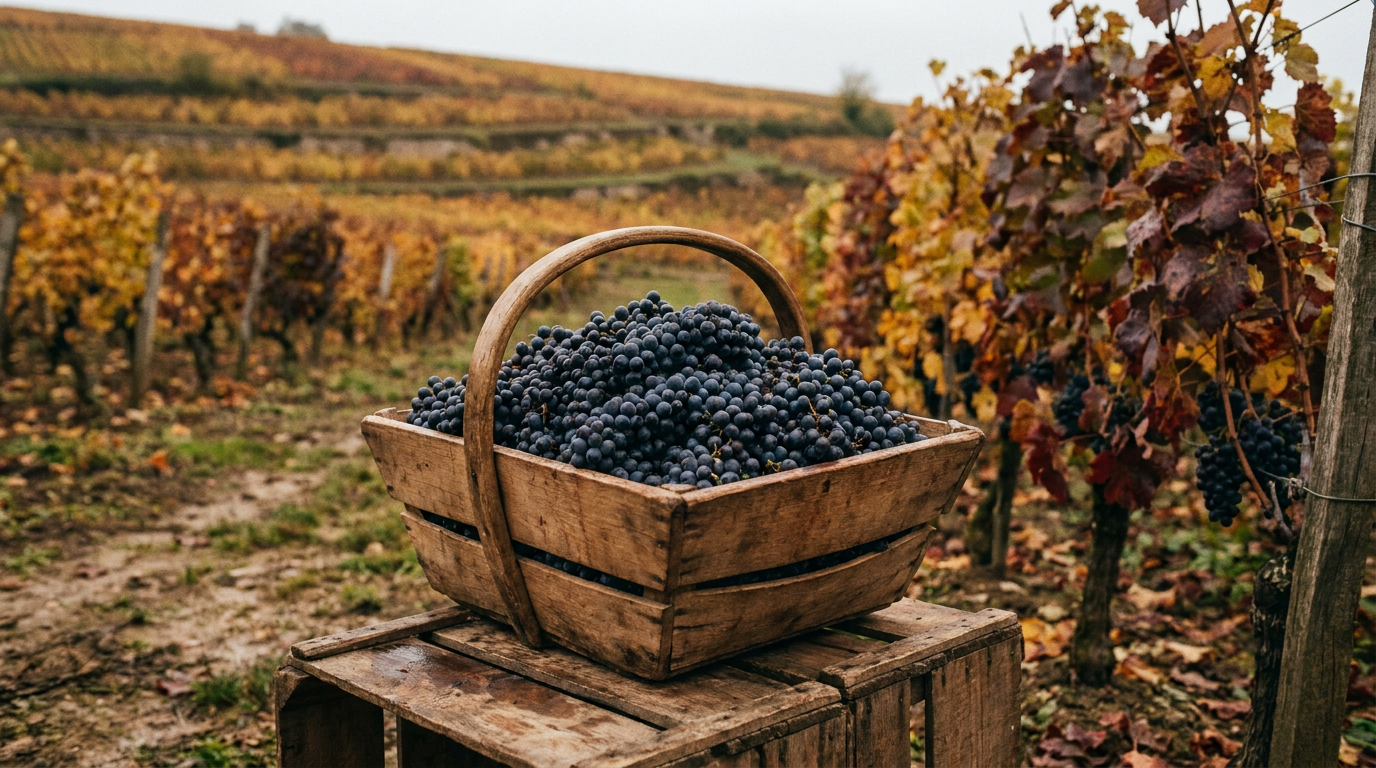 Handverlesene Pinot-Noir-Trauben in einem Erntekorb, im Hintergrund herbstlich gefärbte Weinberge