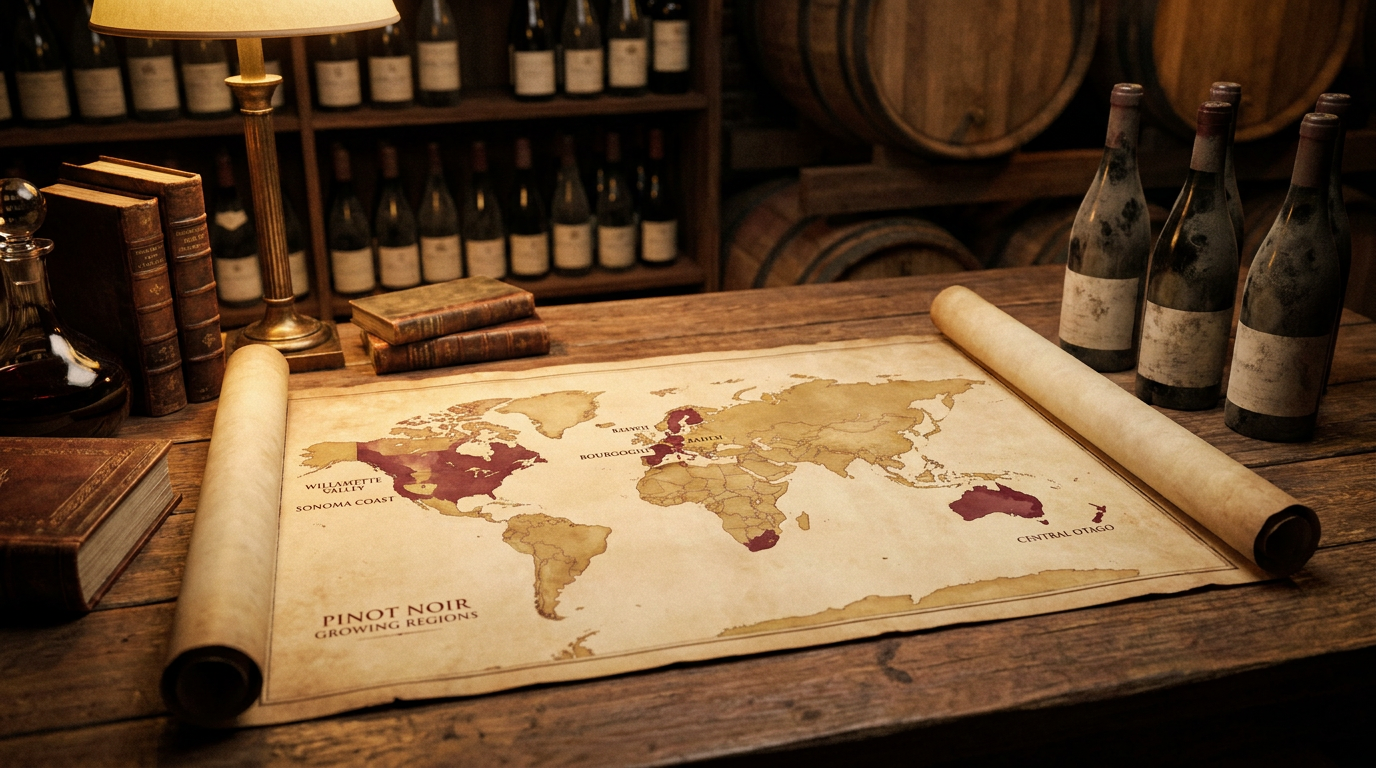 Weltkarte mit farblich markierten Pinot-Noir-Anbauregionen, von Burgund über Baden bis Neuseeland