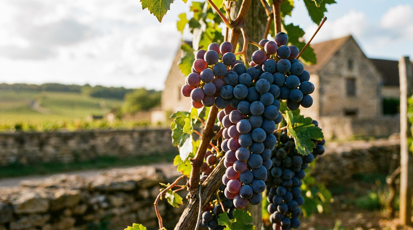 Nahaufnahme reifer Pinot-Noir-Trauben mit dünner, blau-violetter Schale an einem sonnendurchfluteten Rebstock im Burgund