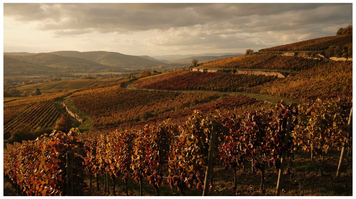 Panorama eines Riesling-Weinbergs in der Pfalz mit Blick auf sanfte Hügel und herbstlich gefärbtes Laub