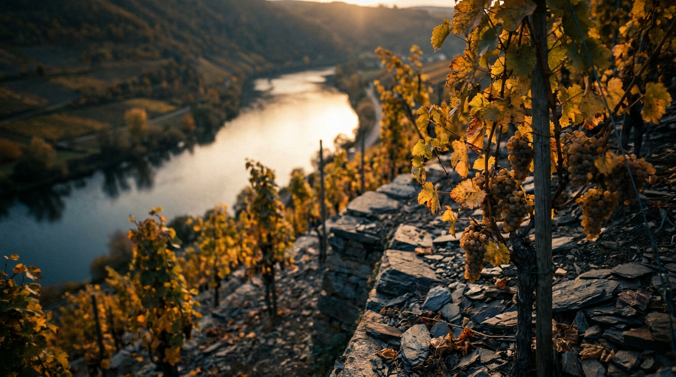 Steillage an der Mosel mit Schieferböden und Riesling-Reben im goldenen Herbstlicht, Blick auf den Fluss