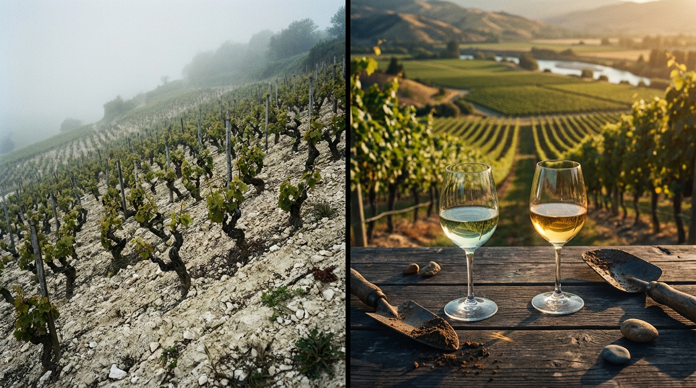 Vergleichende Darstellung zweier Weinberge, links ein nebelverhangener Loire-Hang mit Kalksteinboden, rechts ein sonnendurchflutetes Marlborough-Tal in Neuseeland