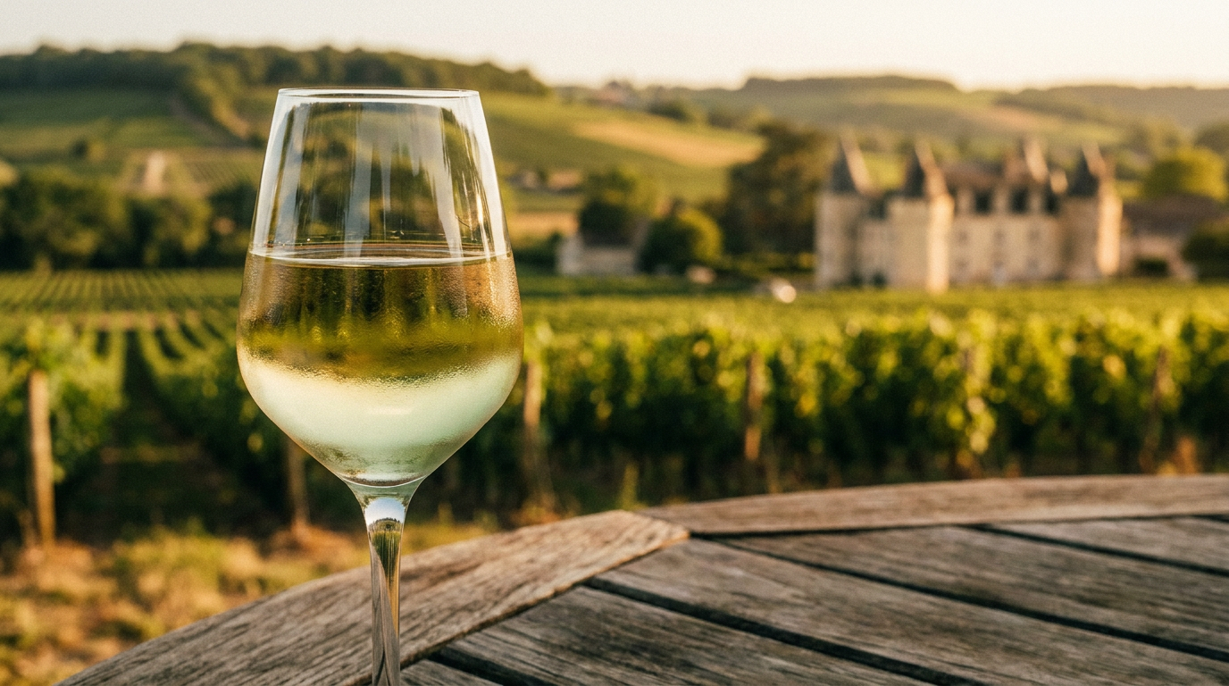 Nahaufnahme eines Glases Sauvignon Blanc mit grünlich-goldenen Reflexen, im Hintergrund eine sonnenbeschienene Weinberglandschaft an der Loire