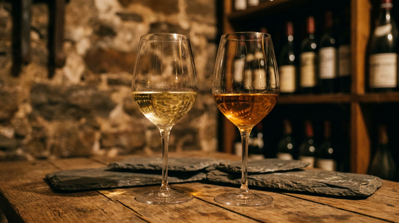 Zwei Gläser Riesling nebeneinander, eines jung und hellgolden, eines gereift und bernsteinfarben, auf einem Holztisch mit Schieferstücken