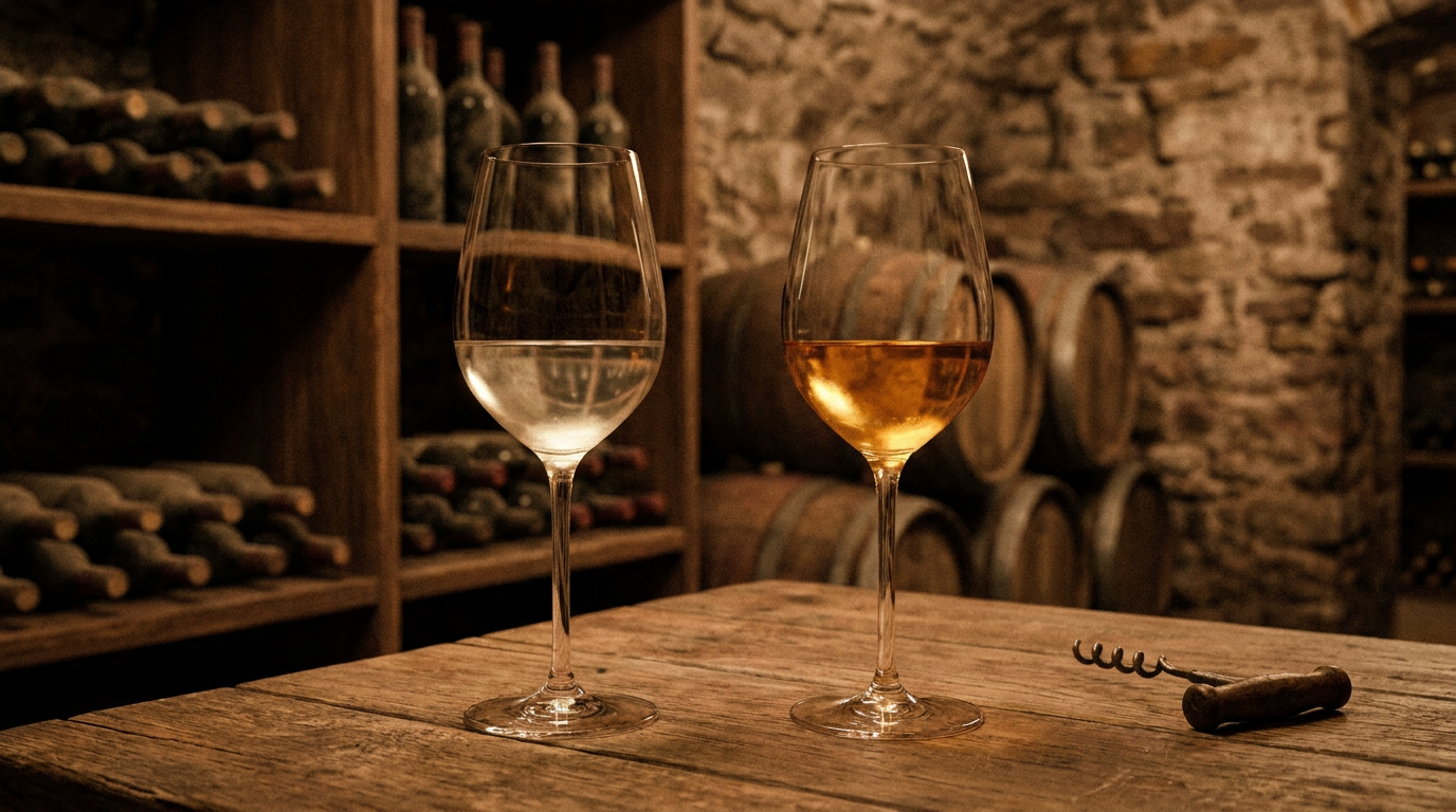 Vergleich zweier Gläser, links blasser Pinot Grigio, rechts goldener Grauburgunder, auf einem Holztisch mit Weinbergpanorama