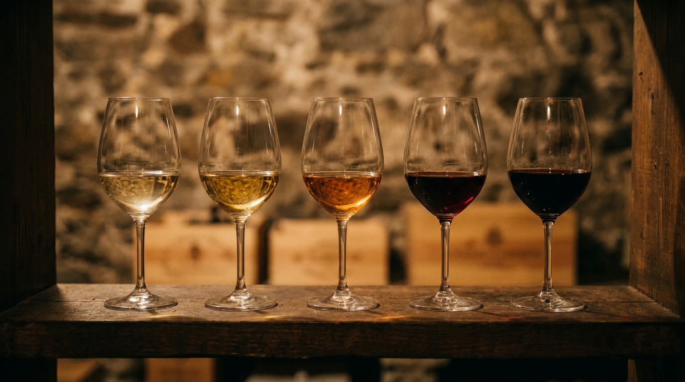 Infografik mit fünf Weingläsern in aufsteigender Reihenfolge, von hellem Riesling bis dunklem Primitivo, jeweils mit Kalorienangabe pro Glas beschriftet