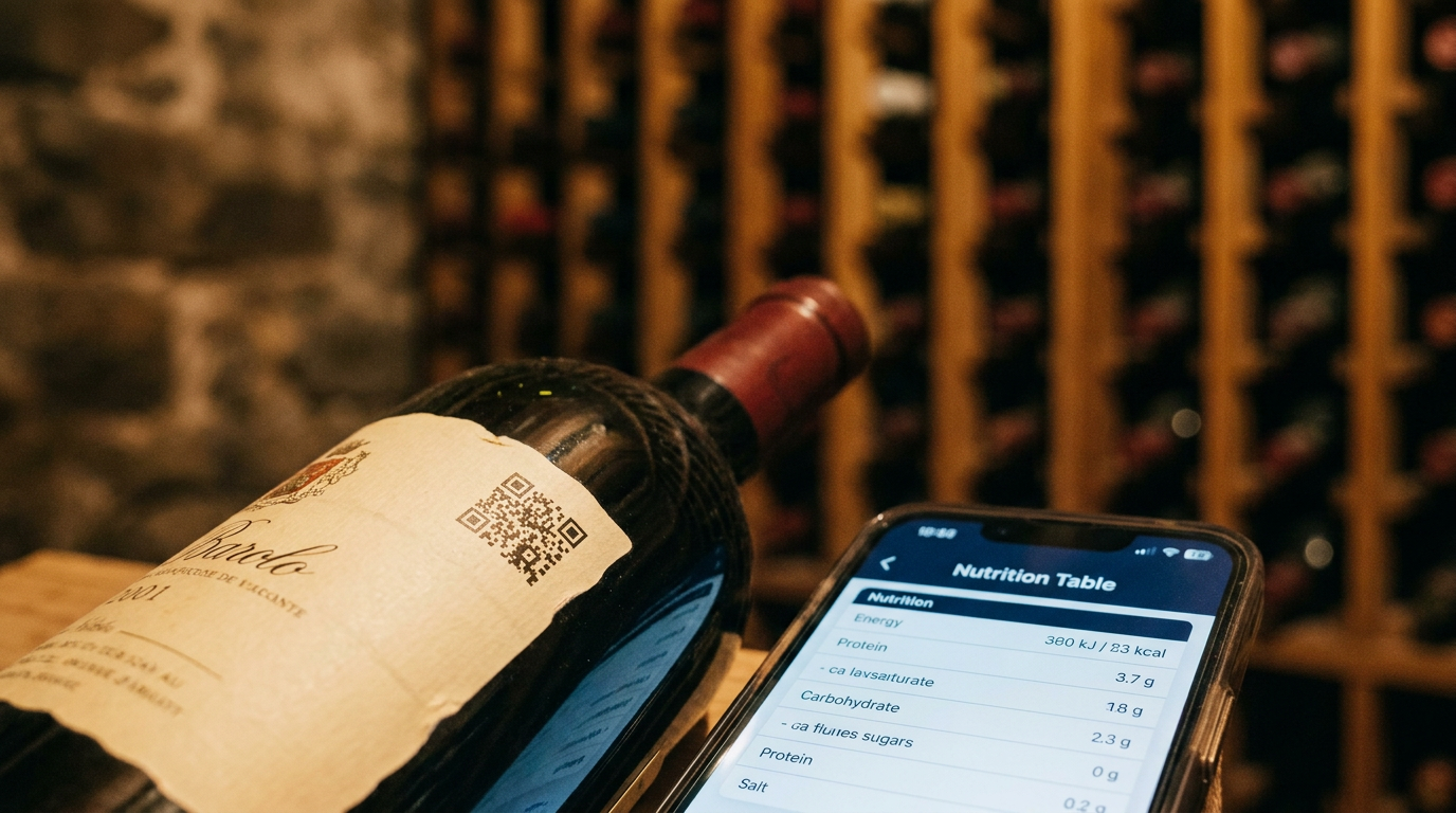 Nahaufnahme eines Weinetiketts mit QR-Code (E-Label), daneben ein Smartphone, das die digitale Nährwerttabelle anzeigt