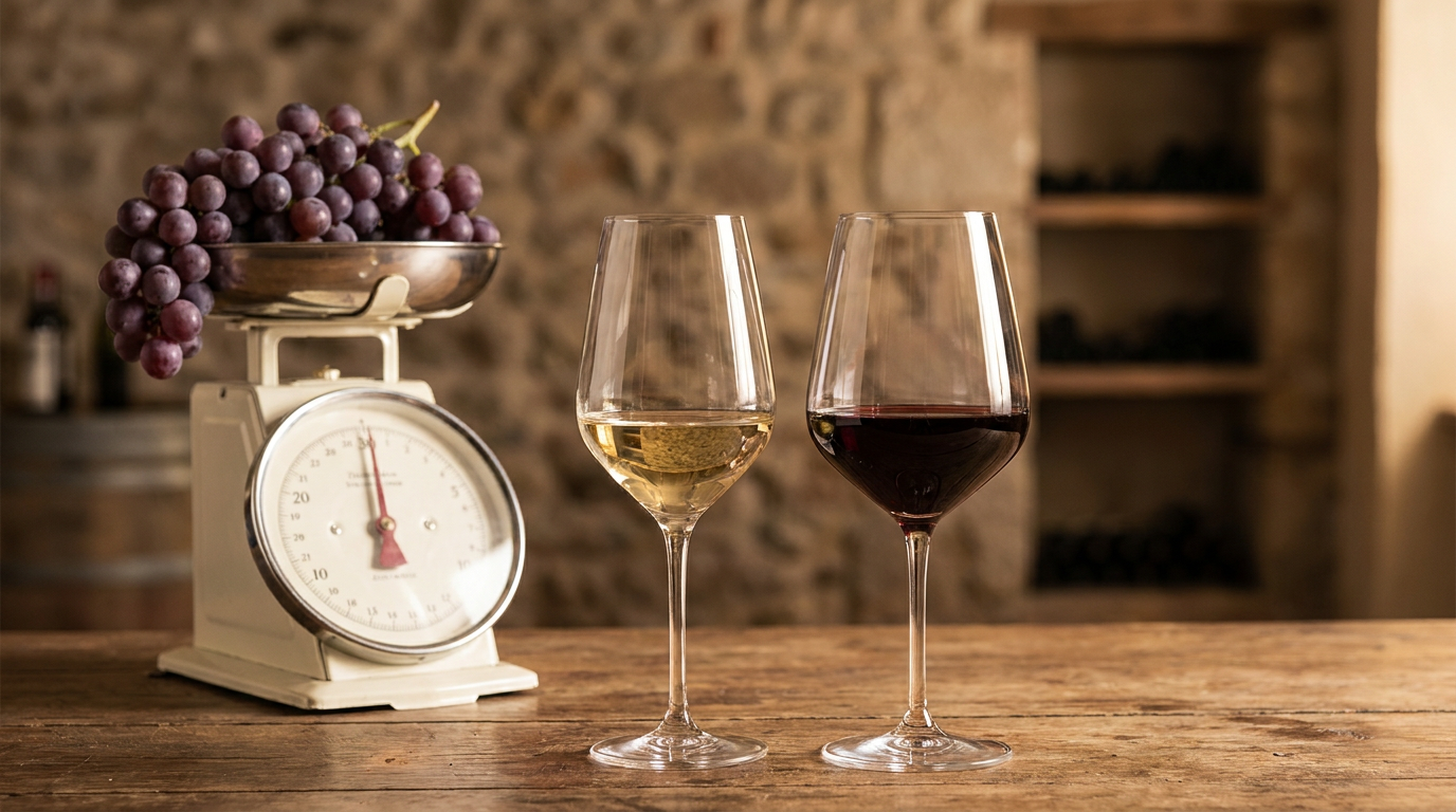 Zwei Weingläser, eines mit hellem Weißwein und eines mit dunklem Rotwein, daneben eine kleine Küchenwaage mit Trauben, in warmem Tageslicht auf einem Holztisch