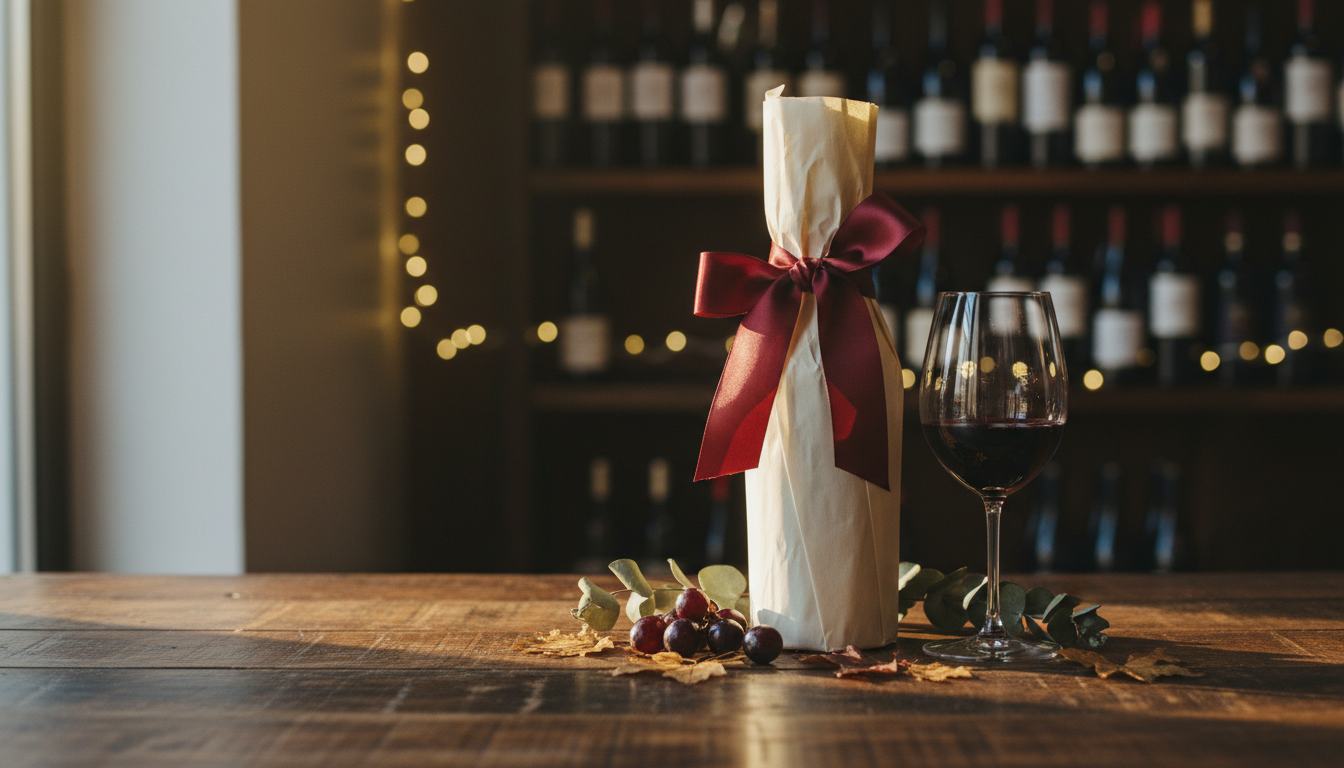 Elegant verpackte Weinflasche mit Geschenkschleife auf einem Holztisch, daneben ein gefülltes Rotweinglas und herbstliche Dekoration