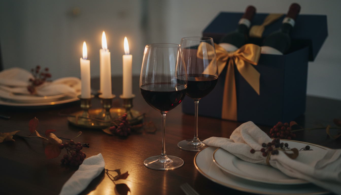Zwei Weingläser mit Rotwein auf einem festlich gedeckten Tisch bei Kerzenlicht, im Hintergrund eine Geschenkbox mit zwei Weinflaschen