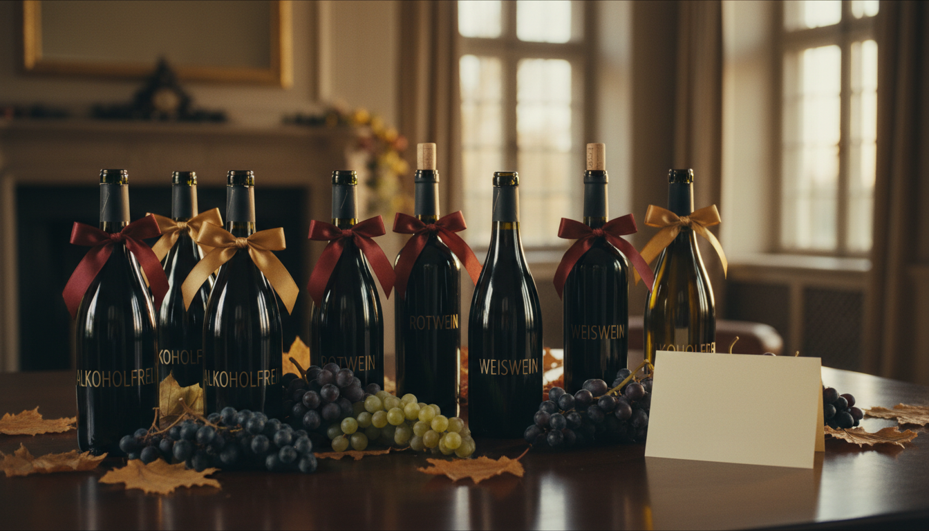 Elegante alkoholfreie Weinflaschen neben klassischen Weinflaschen auf einem Geschenktisch, mit frischen Trauben und einer Grußkarte